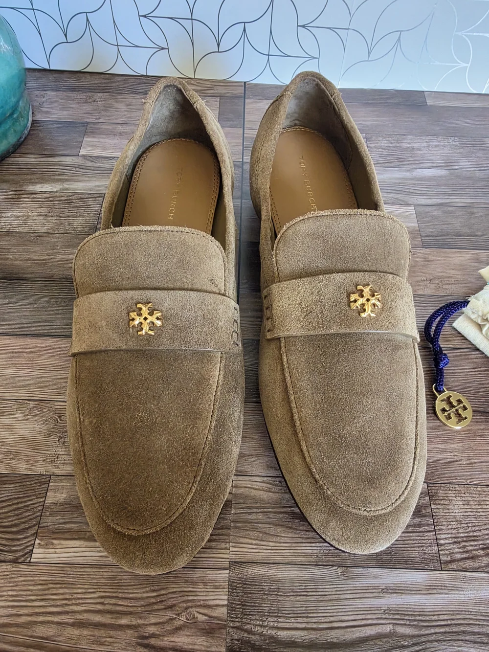 Tory Burch Brown Suede Penny Loafers with Gold Logo